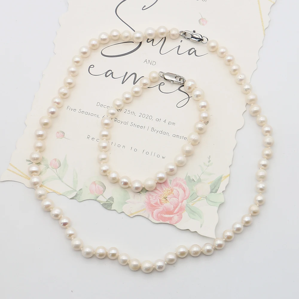 

White Natural Freshwater Pearls Jewelry Sets Irregular Round Pearl Necklace And Bracelet Beaded Jewelry Neck/wrist Decorations