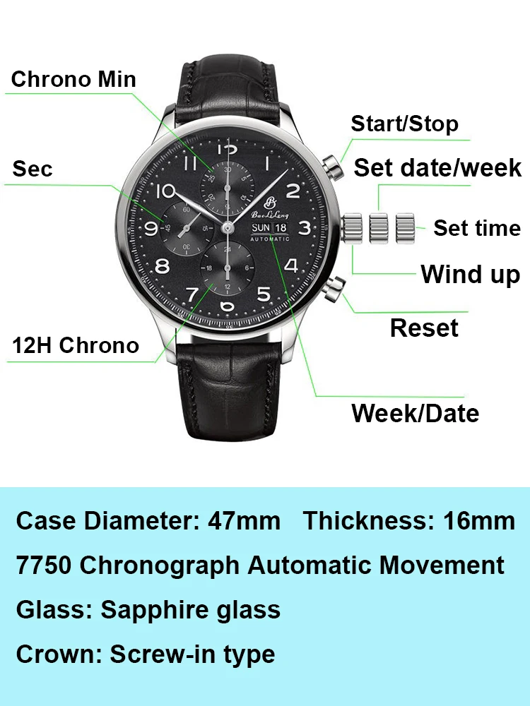 Pilot Watch Men Chronograph Automatic Watches 7750 Chrono Vintage 47mm Mechanical Wristwatches Military Airforce Clock BAOLILONG