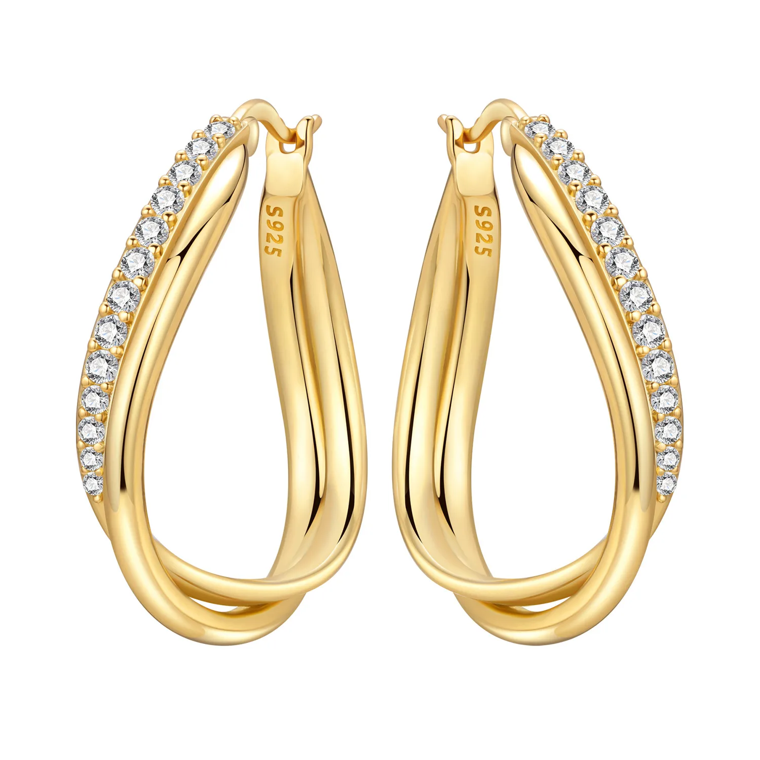 PANPOKI S925 Sterling Silver Double Layered Golden Zircon Earrings Versatile Hoop Earrings For Women Jewelry Party Gifts