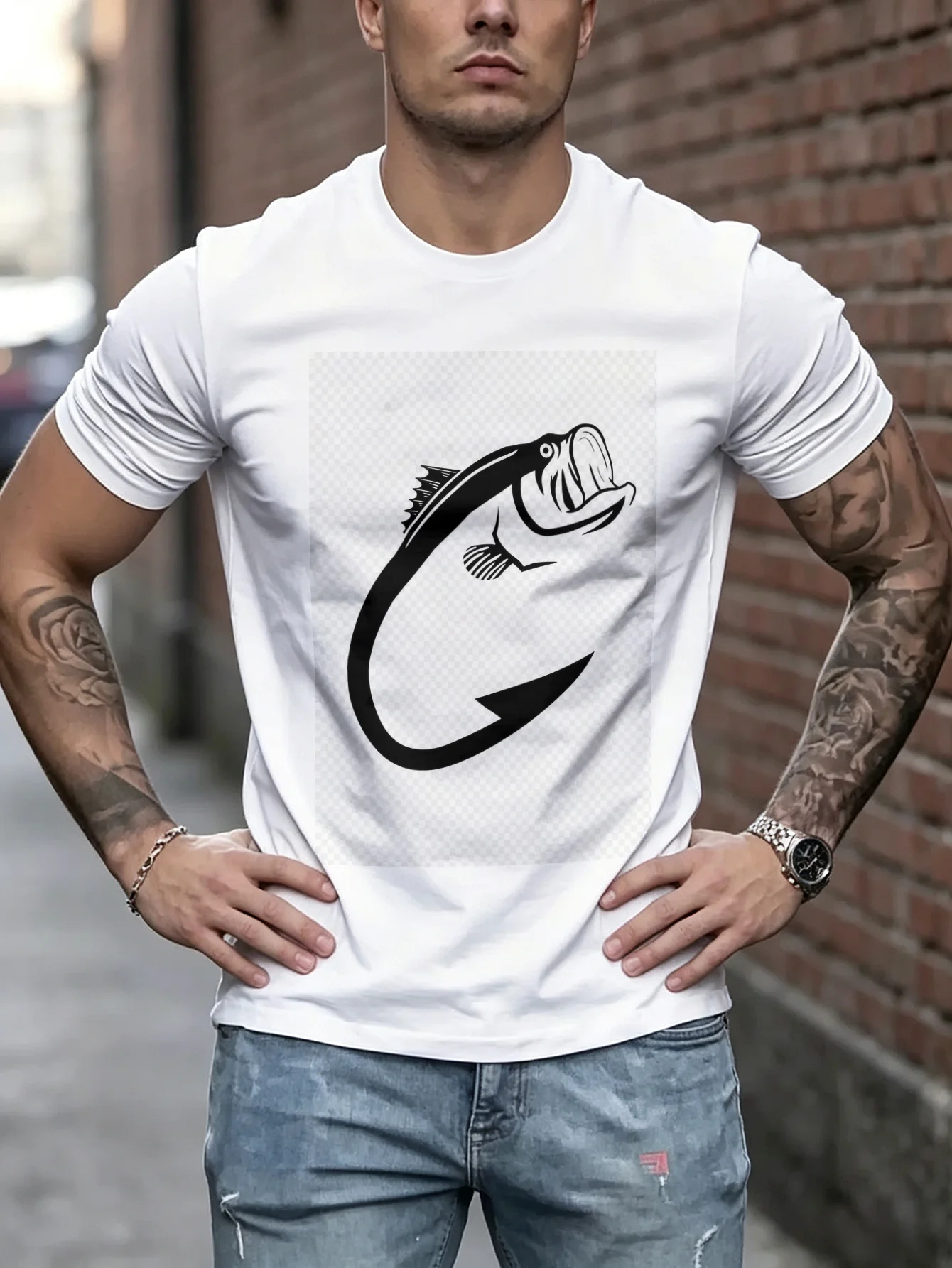 Unisex Bass Fish Fishing Hook TShirt, Cool Graphic Print, Casual Streetwear