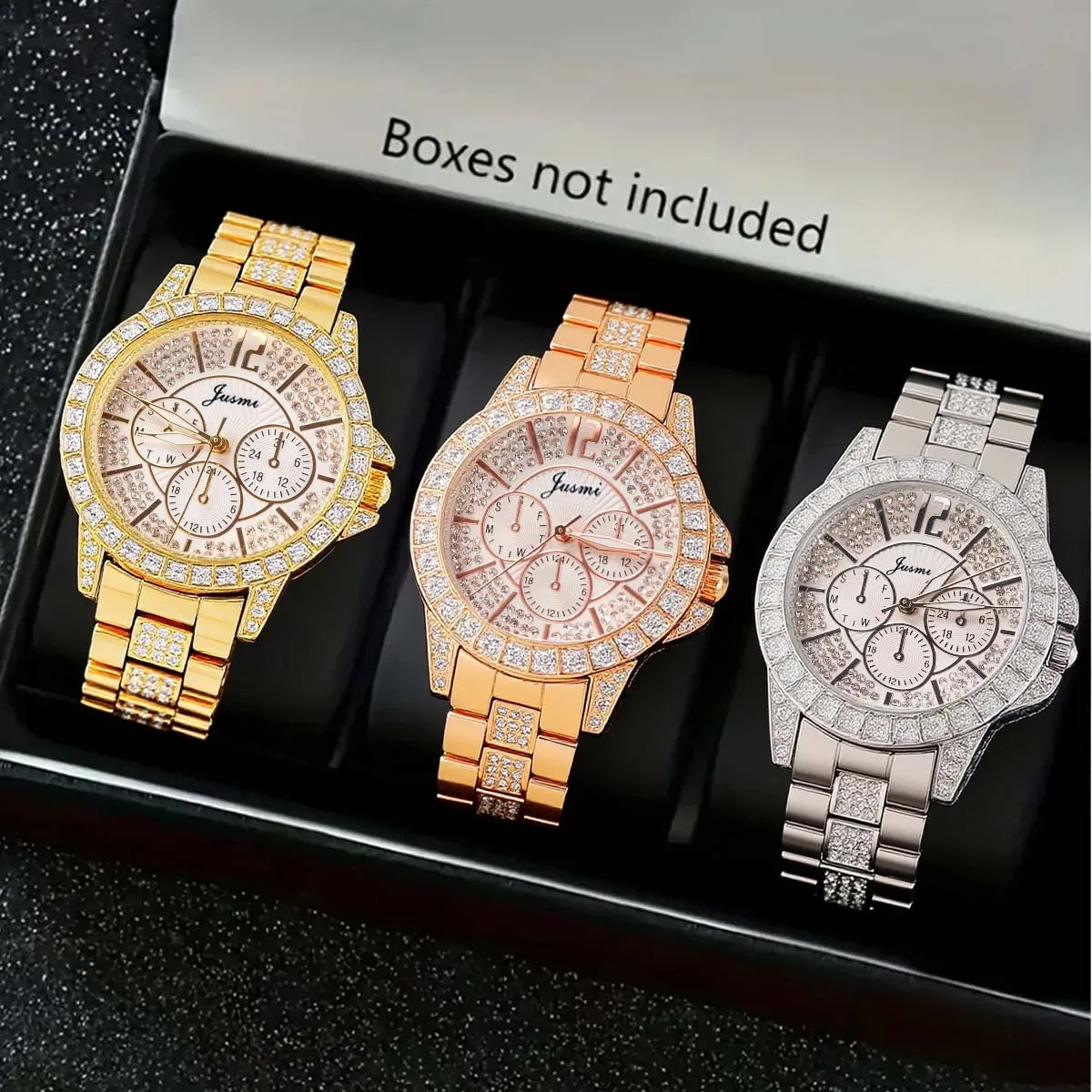 طقم ساعات كوارتز نسائية فاخرة وعصرية مصنوعة من خليط معدني مرصع بالألماس مكون من 3 قطع، مناسبة للارتداء اليومي وعيد الشكر والكريس