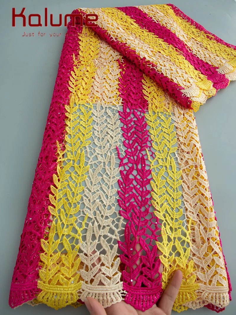 

Kalume 2025 African Guipure Lace Fabric High Quality Cord Lace Fabric with Stones Red Lace Fabric For Sewing Party Wedding Dress