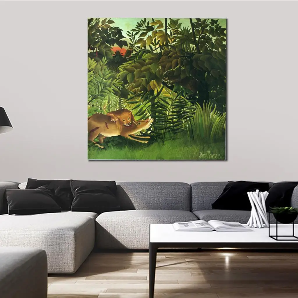 

Jungle Landscape Canvas Art Lion Devouring Its Prey Henri Rousseau Painting Handmade Modern Animal Artwork Living Room Decor