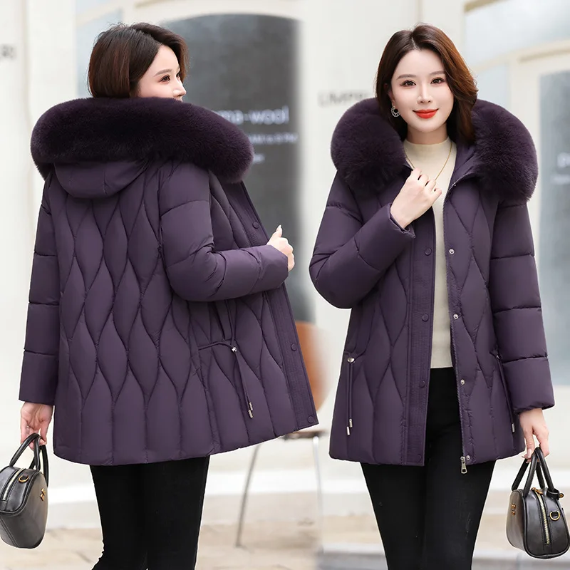 Women Hooded Parkas Coats Mid Lenth Jackets Middle Old Age Oversize Solid Zipper Thick Slim Casual Office Lady 2025 Winter