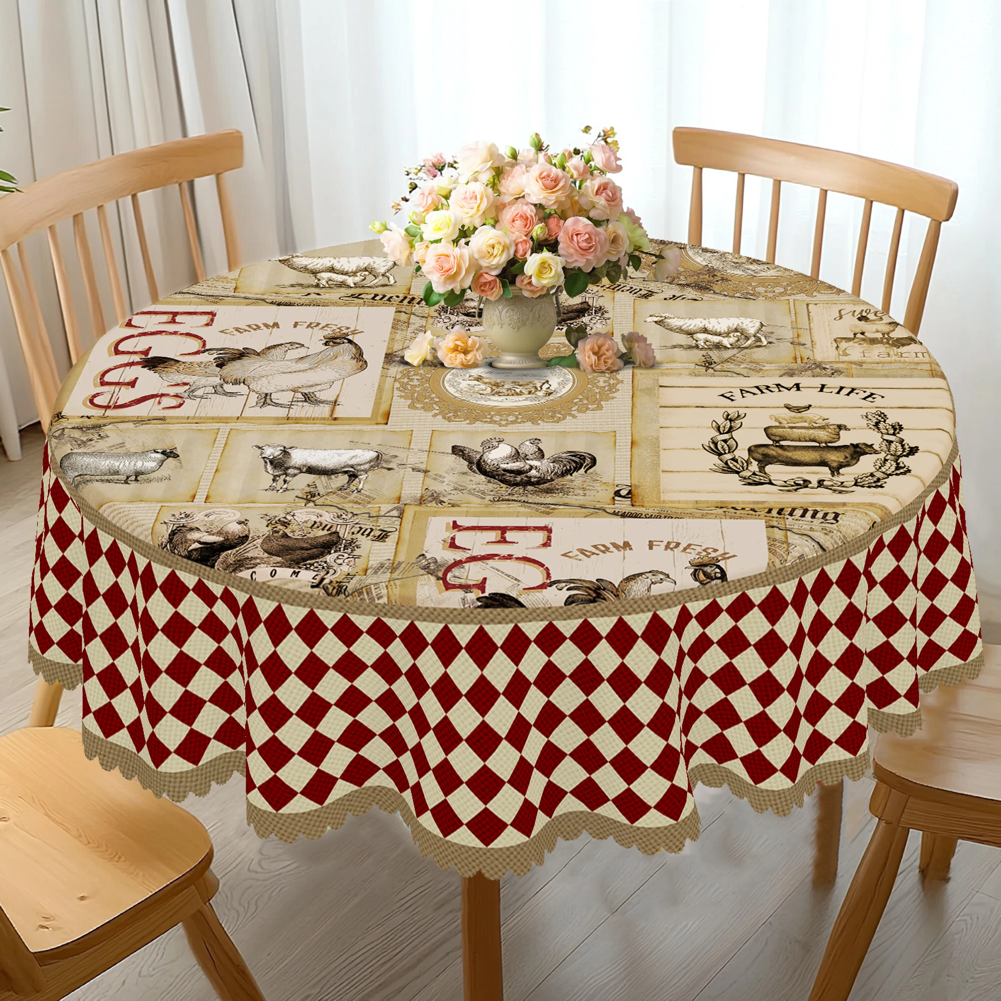 1 Piece of Vintage Farm-Themed Round and Rectangular Tablecloth, Available in Various Sizes, with Images of Vintage Farm Animals and Cute Poultry, Printed Tablecloth with Handwritten Old Wood Plank Texture and Farm Elements, Embossed Edge Design, Suitable for Home Dining Tables, Patio Gardens, Daily Home Decor, and Farm Atmosphere Decoration
