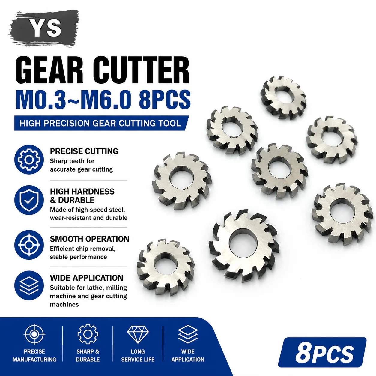 

M0.3 M0.5 M0.6 M0.8 M1 M1.25 M1.75 M2.25 M2.5 M3 M4 M5 Modulus PA20 Degrees NO.1-NO.8 HSS Gear Milling Cutter Gear Cutting Tool