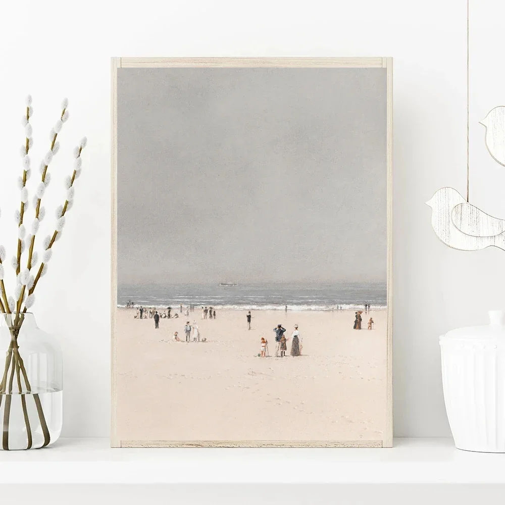 Seaside Beach Art Canvas Painting  Print Antique Seascape Poster, Soft Tones Coastal Art Muted Wall for Living Room Home Decor