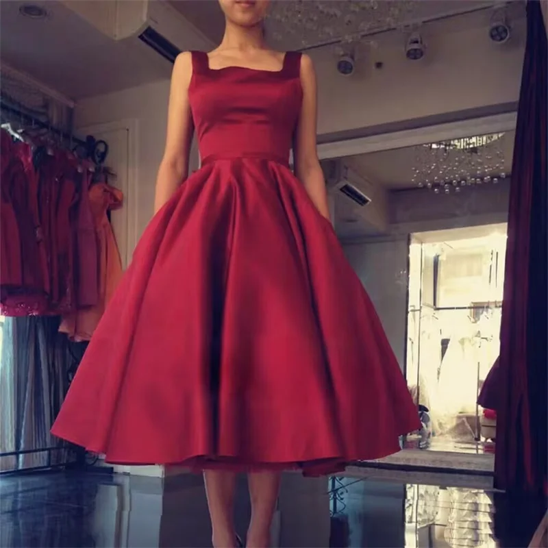 

Женские атласные платья для выпускного вечера с квадратным вырезом по индивидуальному заказу и бантом, трапециевидной формы с открытой спиной, чайной длины, вечерние платья с карманами