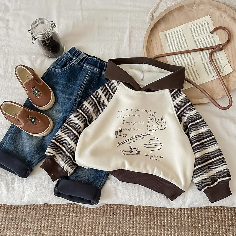 

2026 Winter Spring Cotton Boy Girl Cartoon Hood Bottom Pullover Daily Outfit Fleece Top Clothes Trendy 3-10 Years Toddler Warm