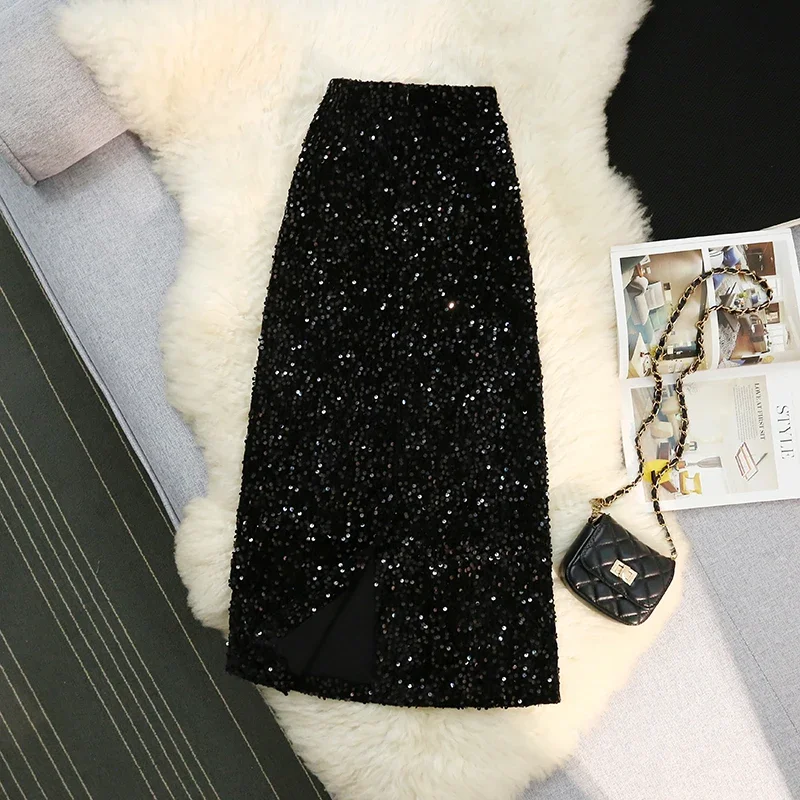 Seoulish Autumn Winter Velvet High Waist Sequined Women\'s Wrap A-Line Skirts 2024 New Elegant Back Split Pencil Skirts Female