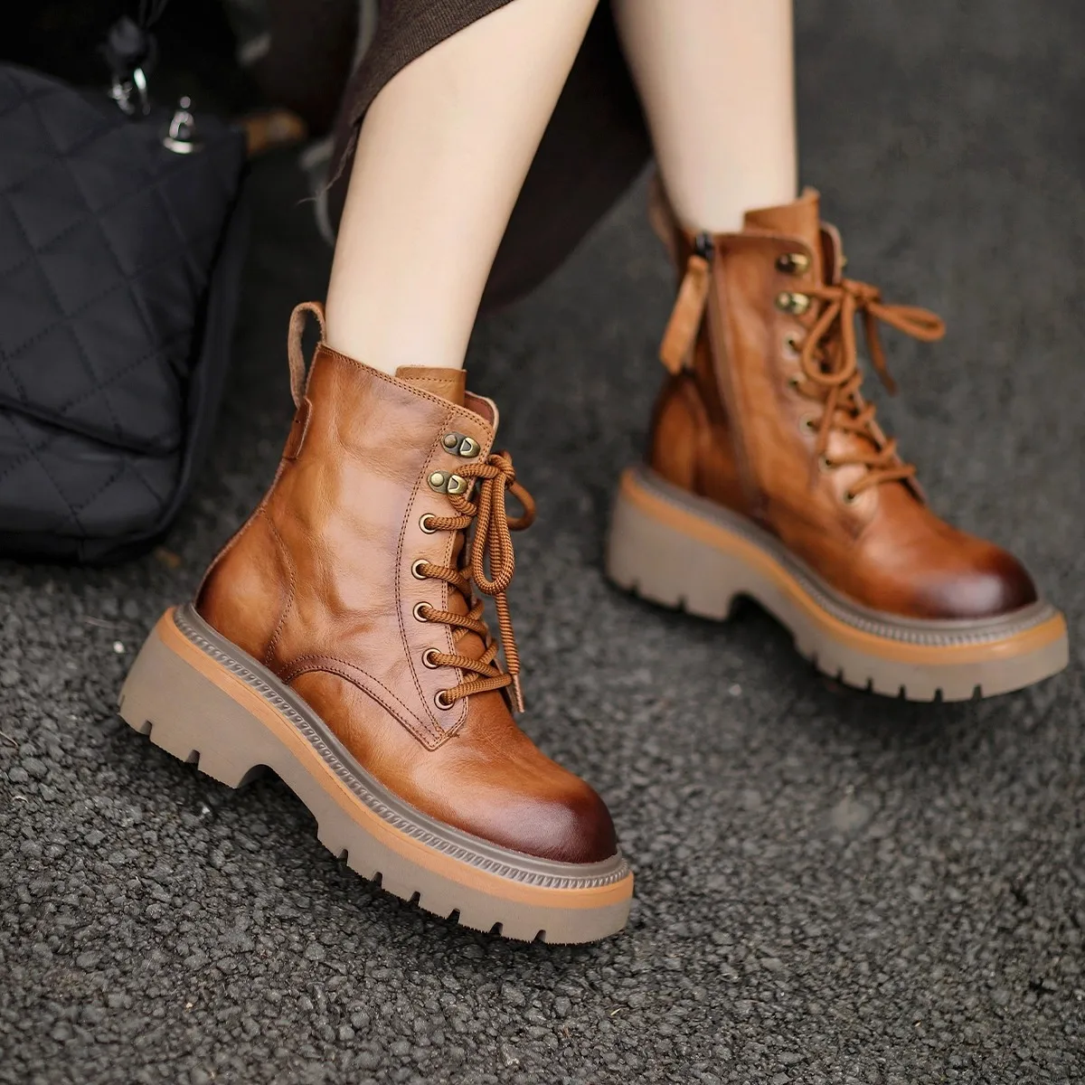 

GKTINOO 2025 Winter New Thick Soled British Style Boots Side Zipper Genuine Leather Short Boots Fashion Warm Fur Women Shoes