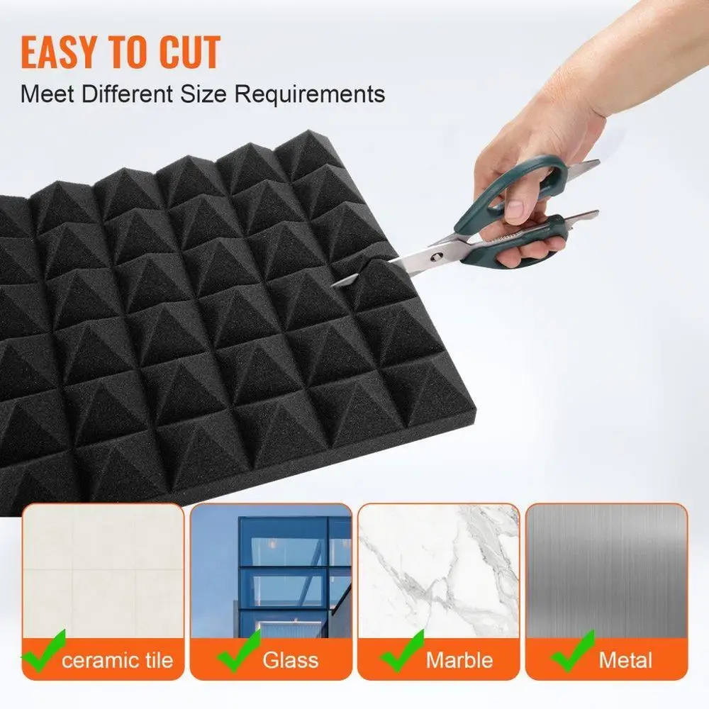 Panel Busa Akustik Peredam Suara Bentuk Piramida Tahan Api 12x12x2 Inci Hitam 24 Buah untuk Studio Peredam Suara