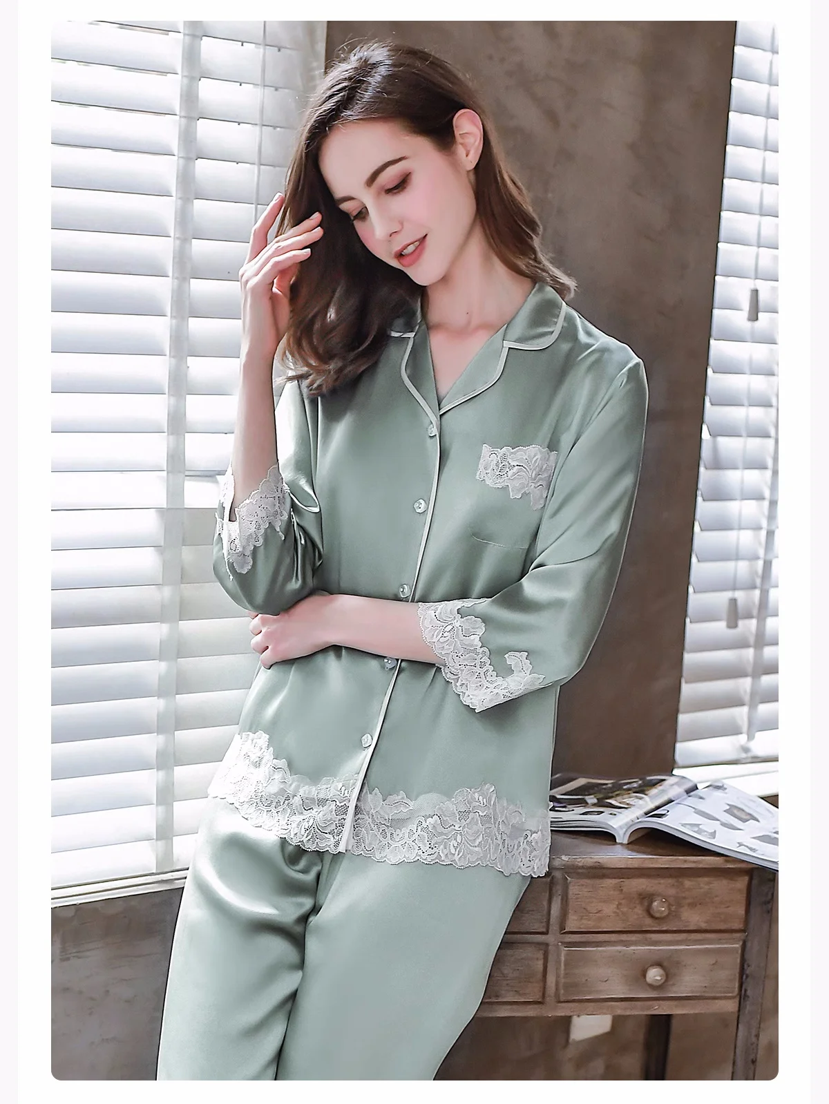 

Pure Silk Ladies Pajamas Set Home Clothes Nightwear Lace Trim Pyjama Trousers Suit Mulberry Silk Women Sleepwear Loungewear Set