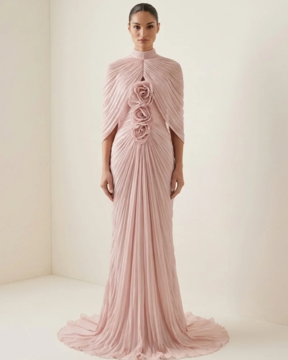 

Customized Simple Women Chiffon Handmade Flower Ruched Straight Evening Dresses Fashion High Collar Sleeveless Long Prom Dresses