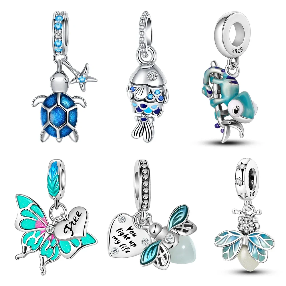 Dijes aptos para pulseras Pandora 925 originales, camaleón luminoso luciérnaga mariposa, cuentas de plata 925, fabricación de joyas DIY finas