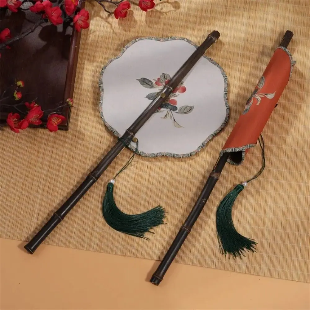 Classical Ancient Style Chinese Bamboo Waist Fan Rotatable Rollable Long Handle Fan Cooling with Tassel Group Fan for Summer