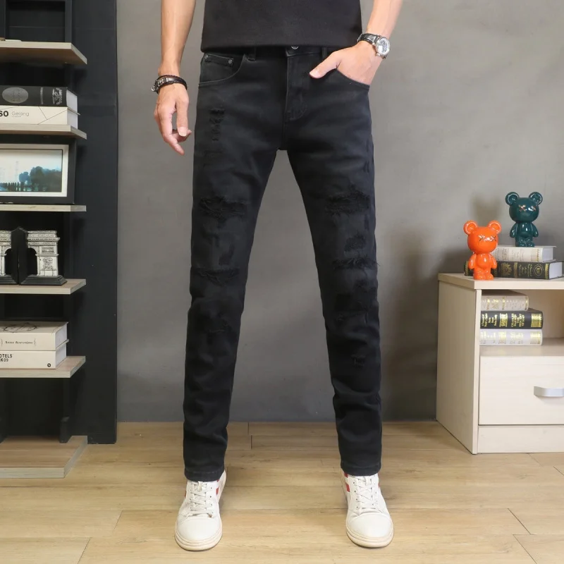 2026 Fall New Arrival Men's Black Ripped Jeans Stretch Slim Small Straight Casual Denim Trousers