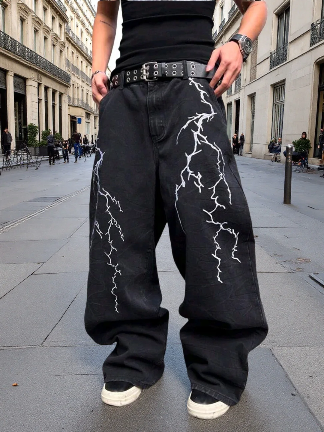 Y2k Fashion Baggy Jeans Black Men's Streetwear Straight Oversize Wide-leg Pants Vintage Lightning Pattern Loose Denim Trousers