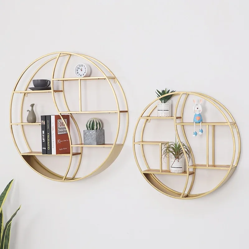 

Nordic circular iron multi-layered storage rack, living room wall geometric decoration rack, coffee shop simple solid wood books