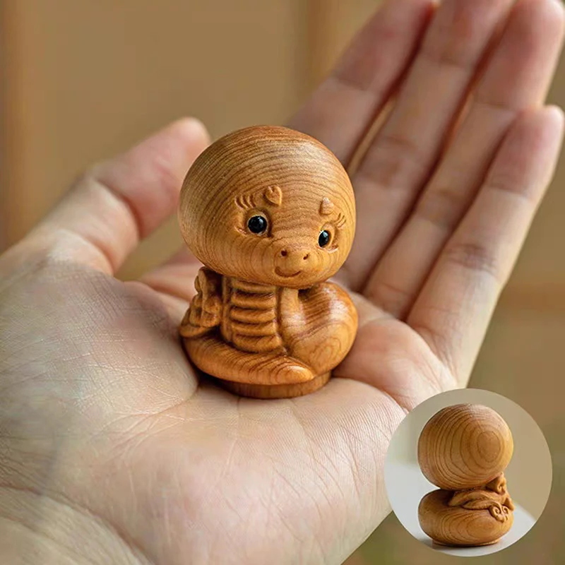 Mini Wood Carving Chinese New Year Snake Ornaments Zodiac Statue Cute Snake Animal Decor Office Desktop Decor Car Decoration