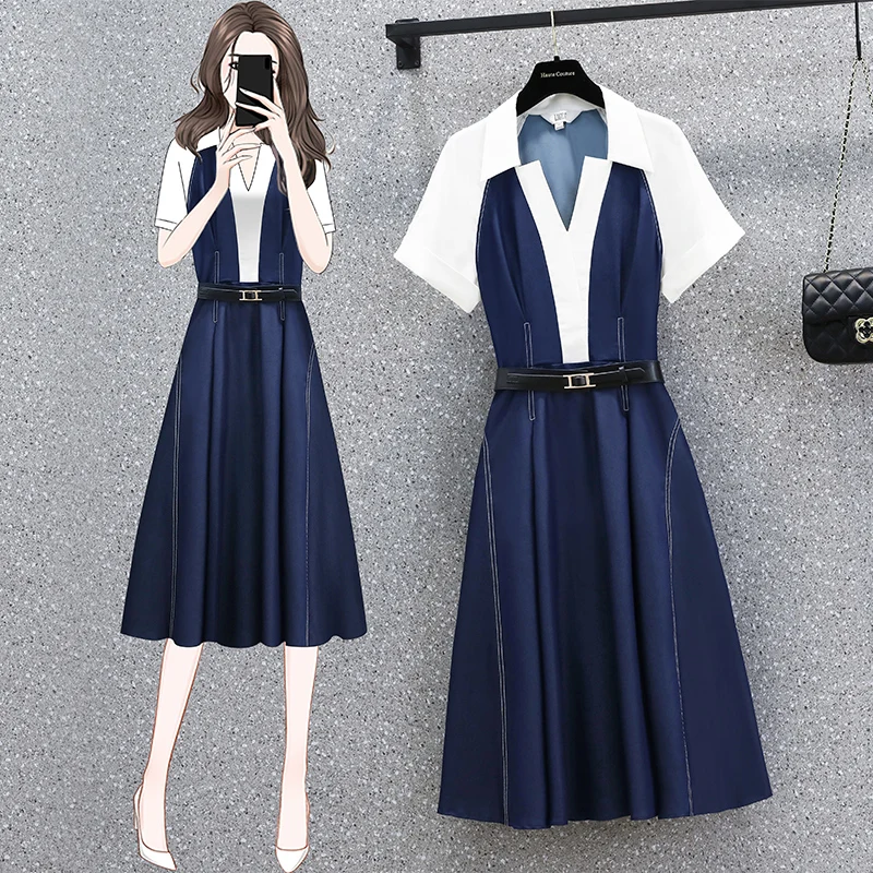 

4XL size women elegant casual Office Stripe dress 2022 Summer short sleeve v neck Patchwork loose denim long dresses