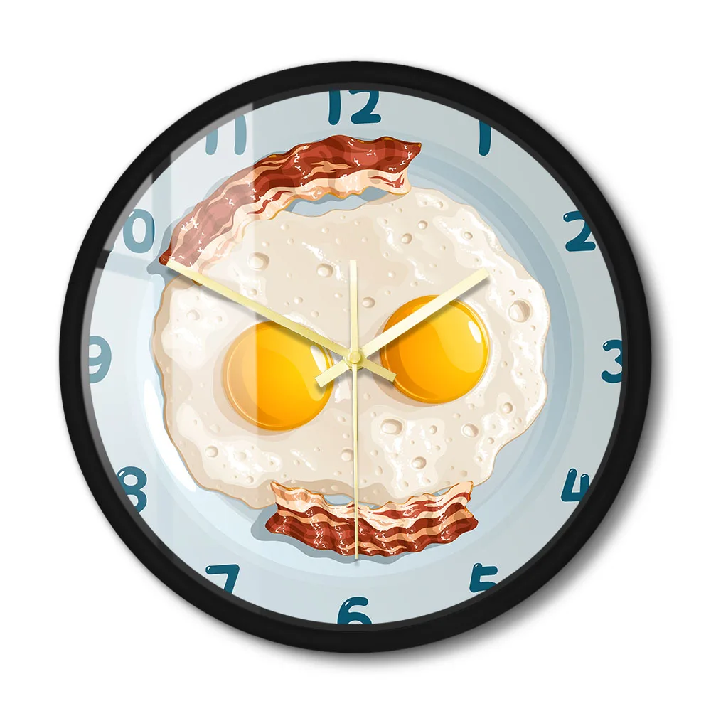 Bacon And Fried Eggs Smile Wall Clock For Kitchen Dinning Room Scrambled Eggs Bacon Breakfast Food Art Decorative Wall Watch