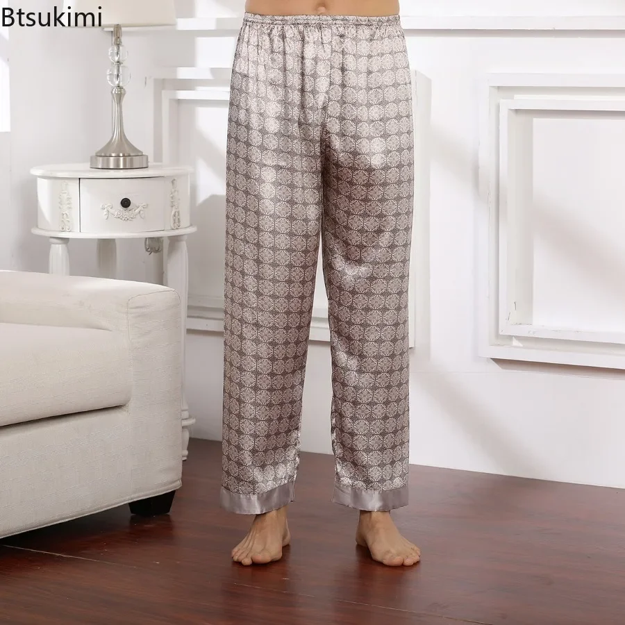 2025Spring Autumn Men's Pajamas Pants Fashion Striped Printed Home Clothes Pants Man Ice Silk Trousers Satin Lounge Sleep Bottom