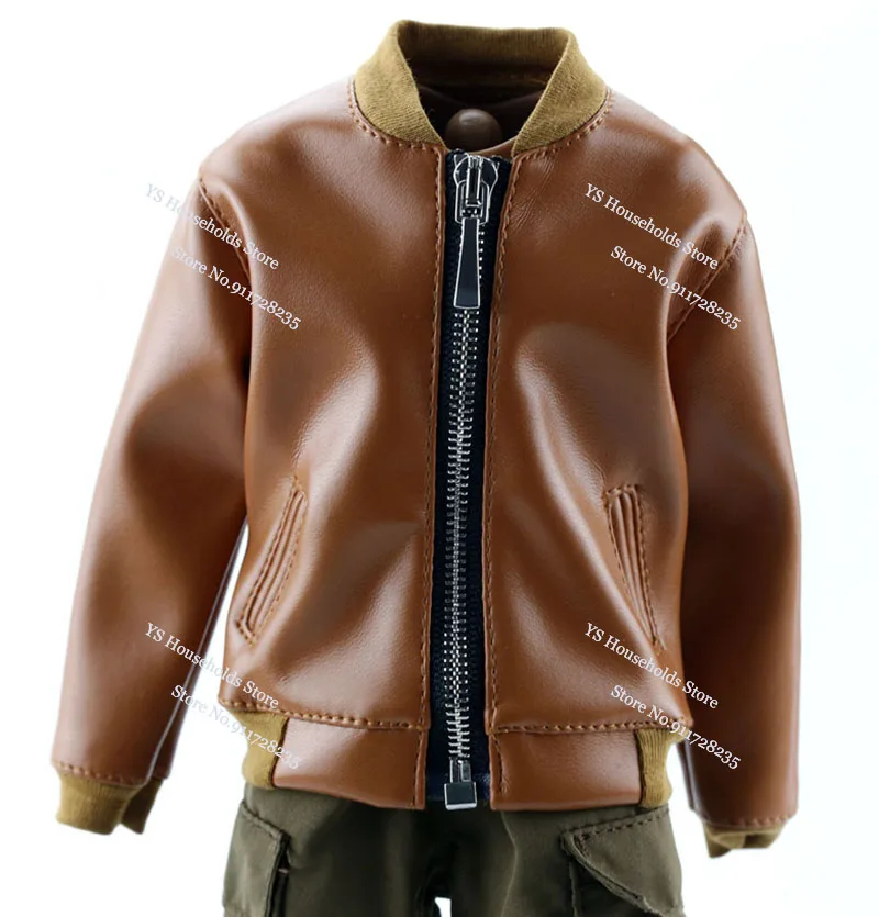 Homem Soldado Casaco de Couro PU com bolso com Zipper, Jacket Design, Top roupas, Acessório para Figura Masculina do Corpo, preto e marrom, 1:6, FA018