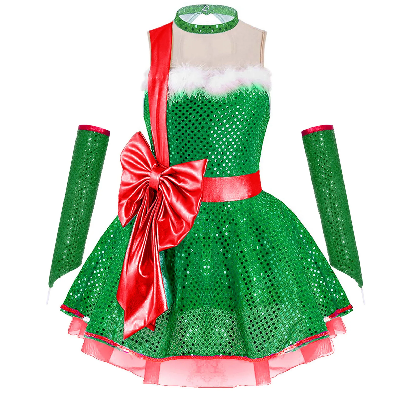 Teen Girls Christmas Sleeveless Candy Cane Striped Ballet Dance Tutu Dress with Sleeves Xmas New Year Carnival Santa Elf Costume view 3