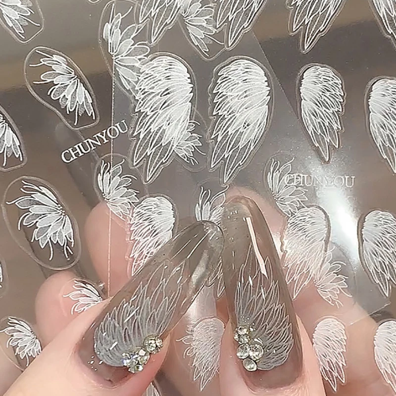 1 folha de decalques para unhas com asas de anjo, adesivos para arte em unhas, esmalte em gel, adesivo deslizante para manicure