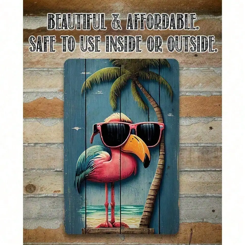 CIFBUY Funny Flamingo Coastal Beach House Aluminum Wall Art Waterproof Durable Metal Sign for Patio Garden Decor
