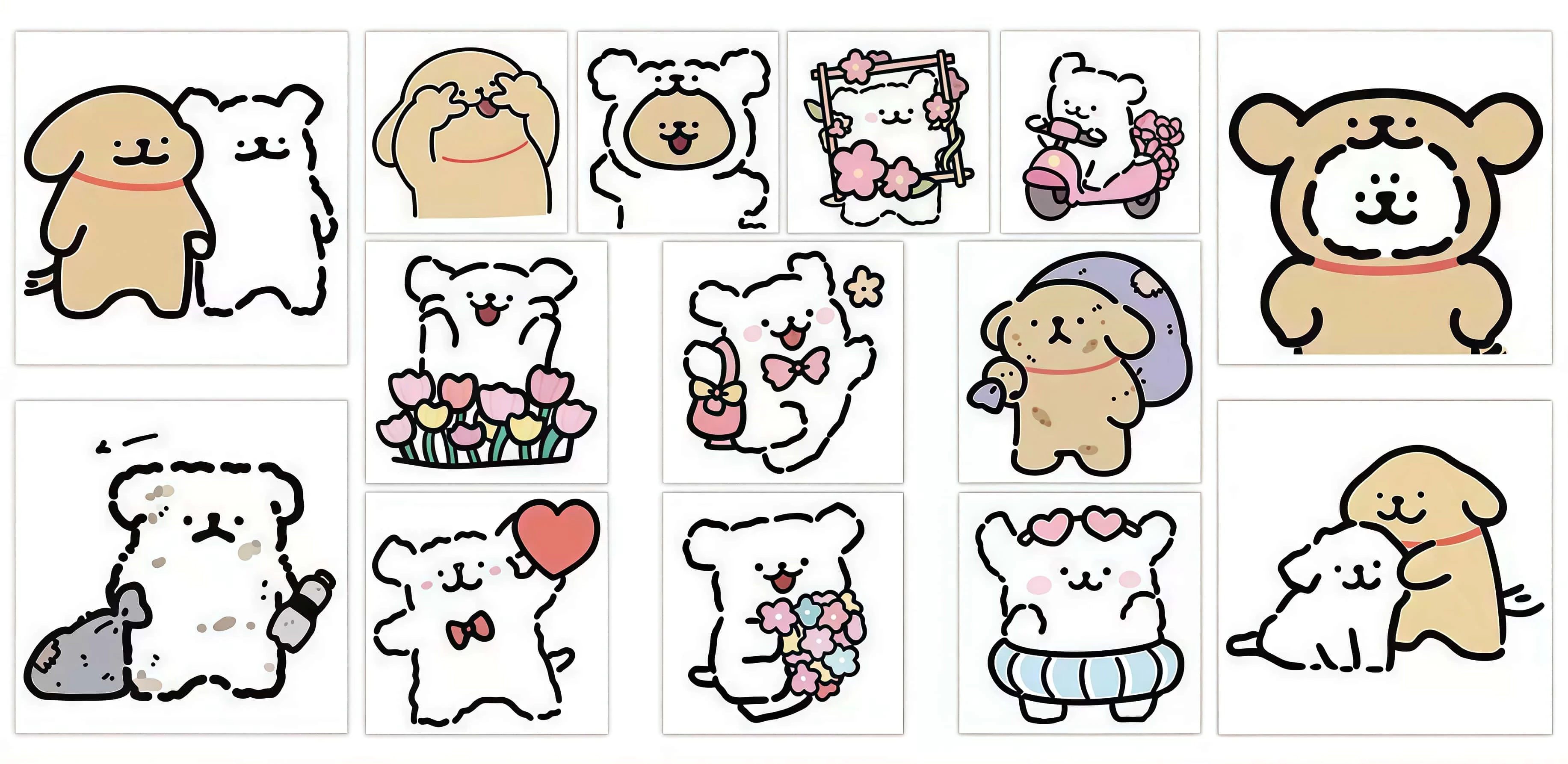 500Pcs Cute Line Art Puppy Sticker Roll, Adorable Love & Beach Theme Cartoon Decals for DIY, Scrapbook & Gift Decor