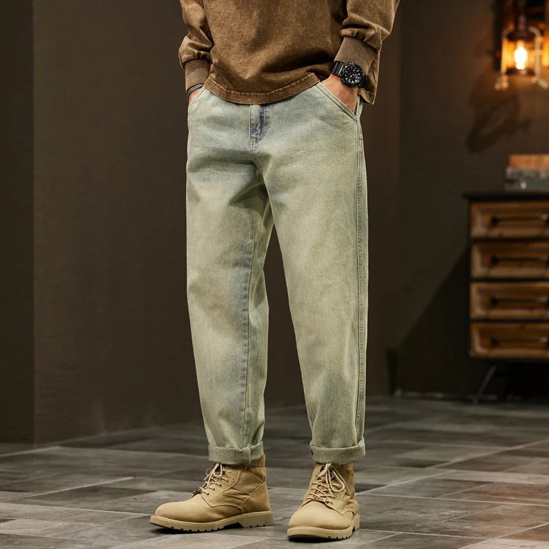 

Американские джинсы в стиле ретро, мужские осенние новые 96% хлопок, эластичные свободные прямые шаровары, уличные мешковатые брюки, брендовые брюки