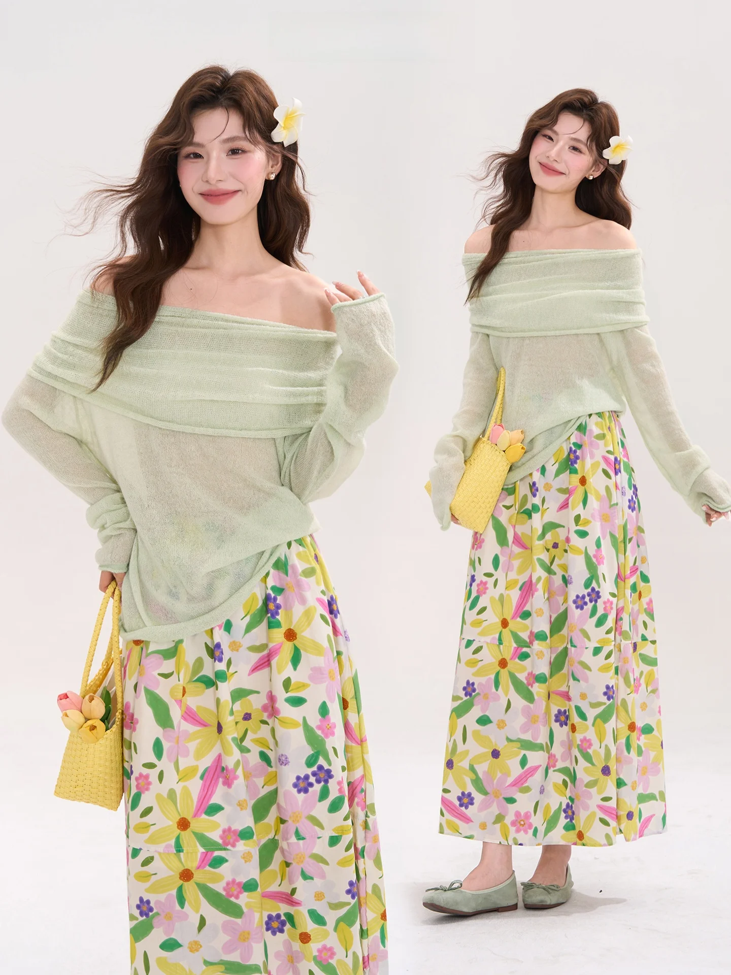 

Heme 6 Korean Sle Soft One oulder Long Sve Knitted Sweater Women's Spring Thin Top Wool Blend Loose Fit Overhead