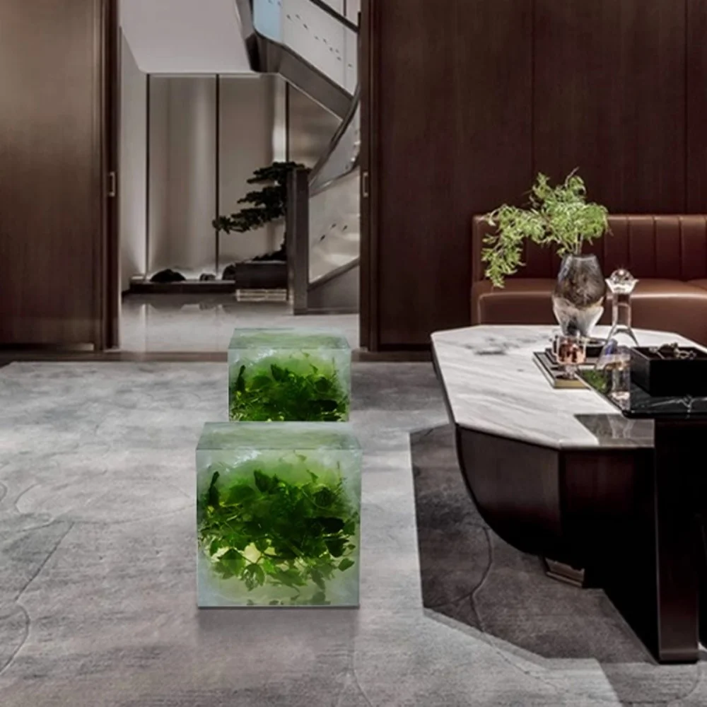 *Botanical Organic Transparent Resin Cube Stool Green Foliage Embedded Table for Eco-Friendly Interiors