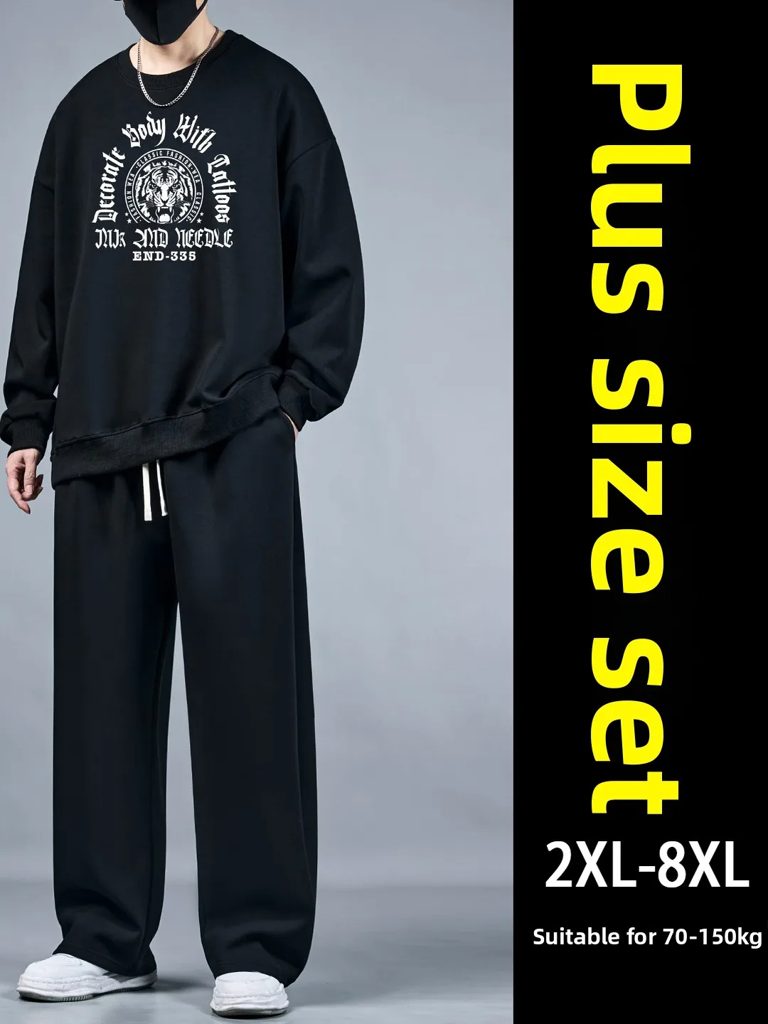 

Large Size Bla Sports Set for Men Autumn Winter Loose Fit Fce round Ne Sweatirt Straight Leg Pants Two Piece Set