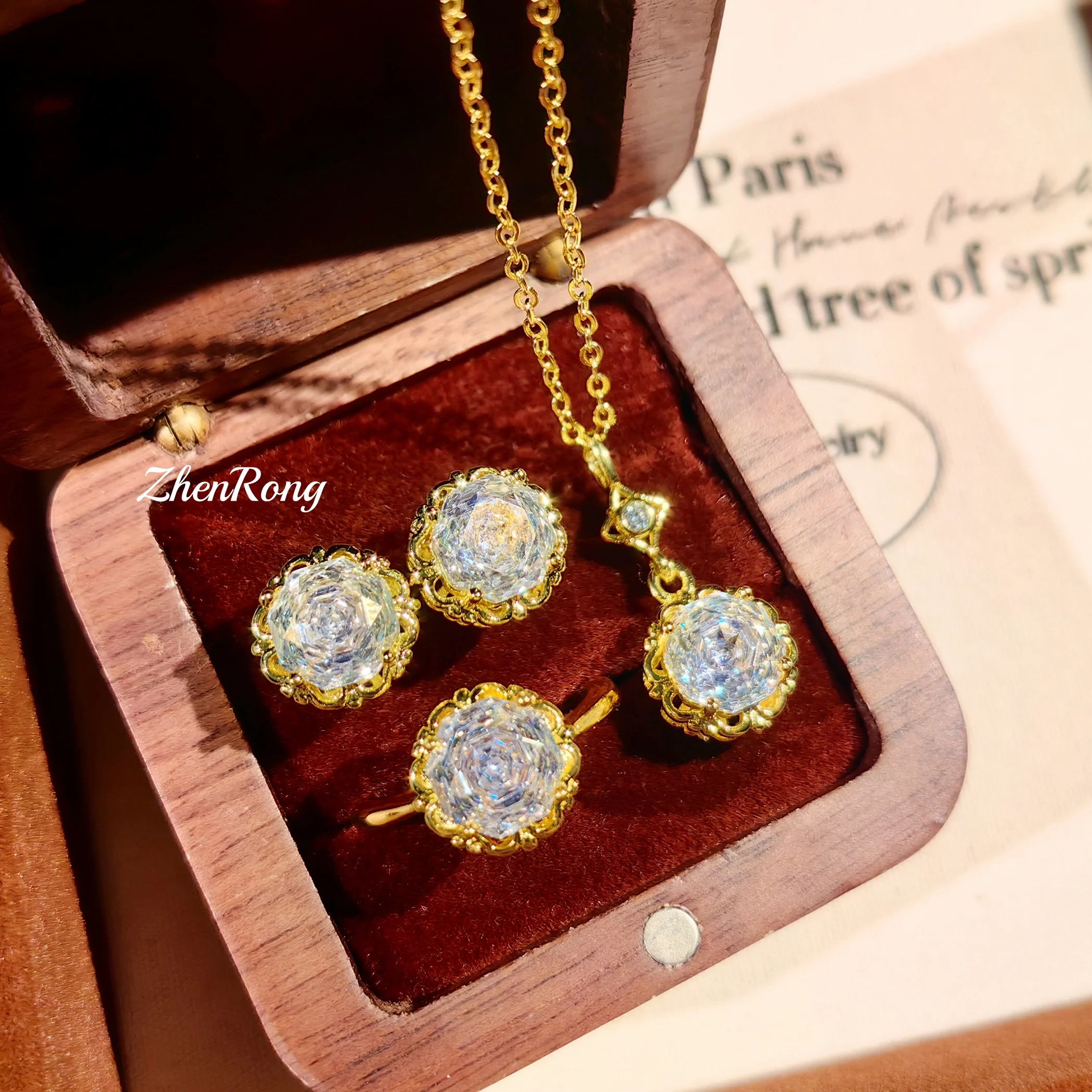 

Light luxury octagonal necklace, colorful zircon earrings, high carbon diamond ring, colorful treasure set for women