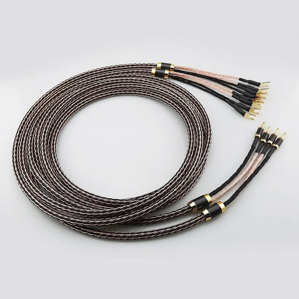 7N OCC Audio 2-zu-4-Lautsprecherkabel mit Kohlefaser-Ummantelung, Anti-Rausch-Bananenstecker auf Y-Spade-Stecker für Heimkino-Audiophilesysteme – Detail 4