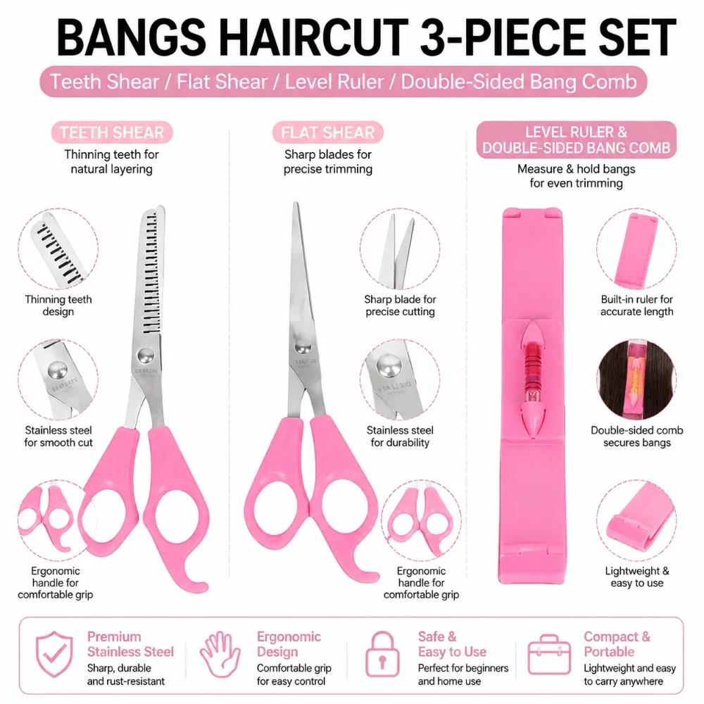 3pcs/set Precise Bangs Trimming Tool Set Point Cuts Thinning Shears Bangs Cutting Kit Flat Tooth Hairdressing Scissors