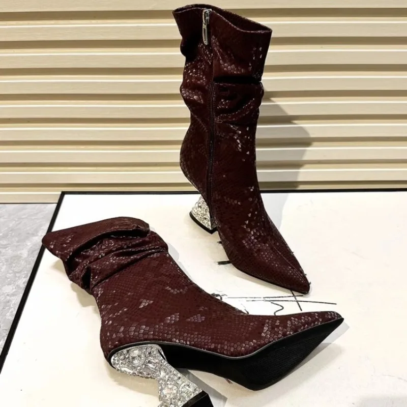 High-end Snake Pattern Pointed Toe Pile Mid-leg Boots 2026 New Rhinestone Block Heel Sexy Women's Shoes