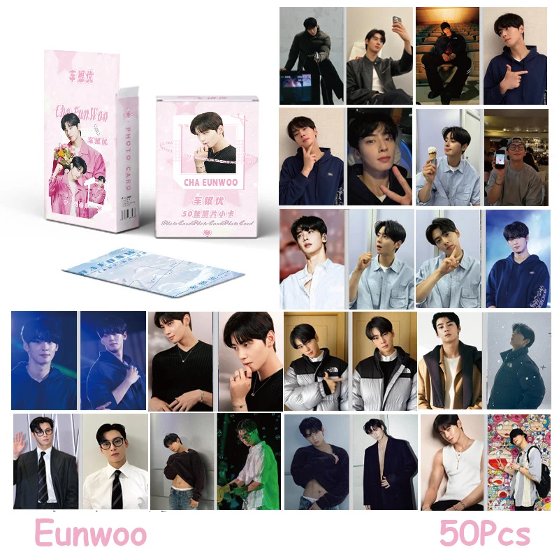 50 pçs/set kpop cha eunwoo laser photocards lados duplos moda ins lomo cartões selfie cartões postais fãs coleção de aniversário presentes