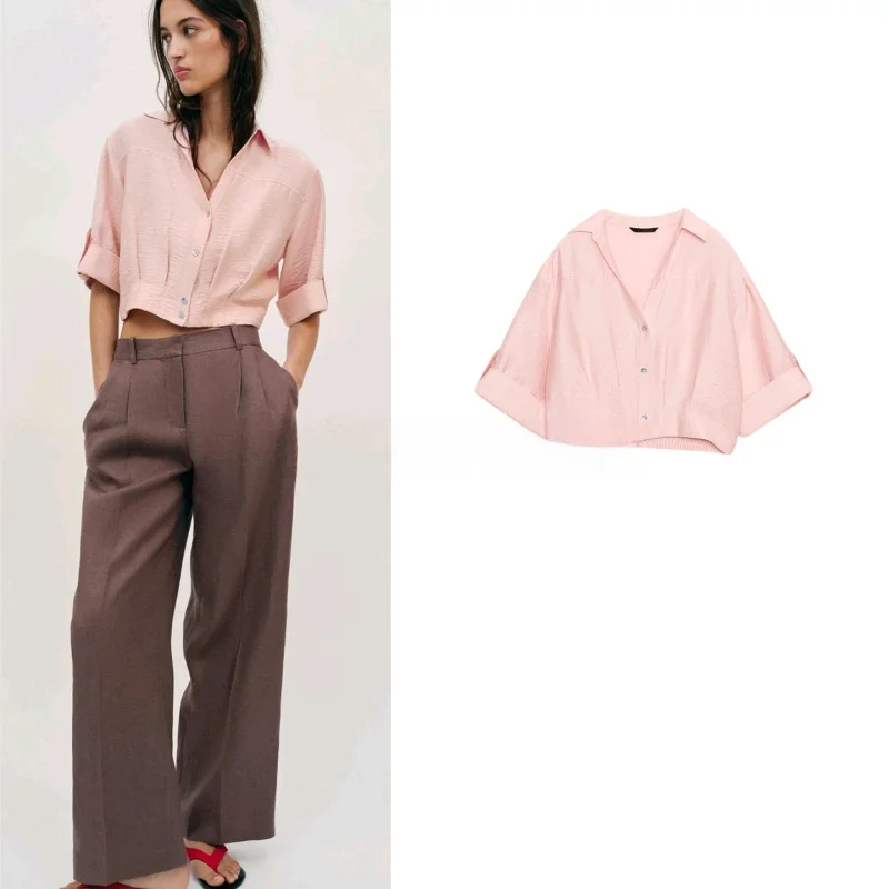 

Spring Summer 2026 Women's Casual Style Short Loose Shirt Pleated Waist Flip Collar Leisure Style Printed Polyester Fiber