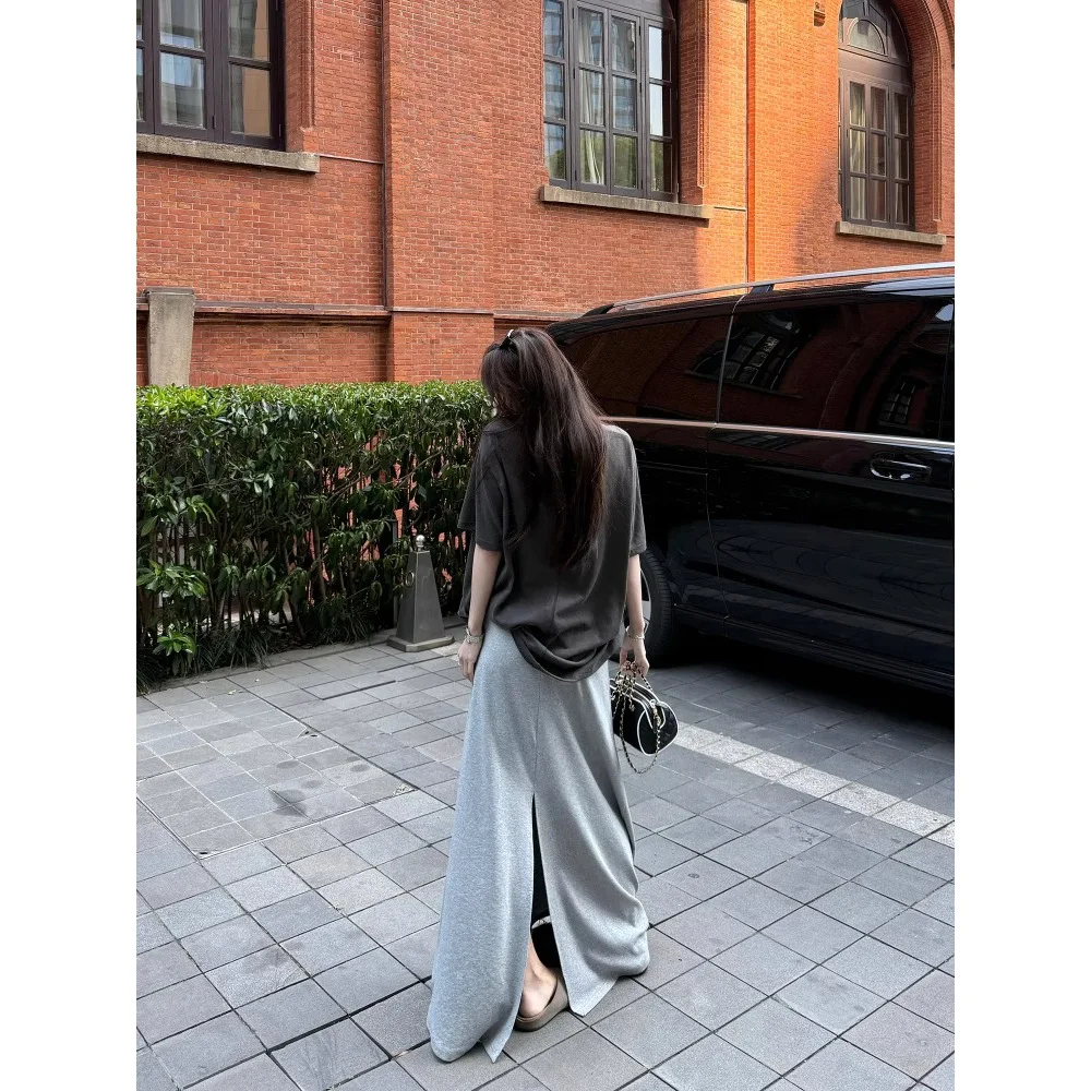 Atmospheric Paper Figure Floor-length Skirt with Slit in The Back, Loose and Slimming Skirt