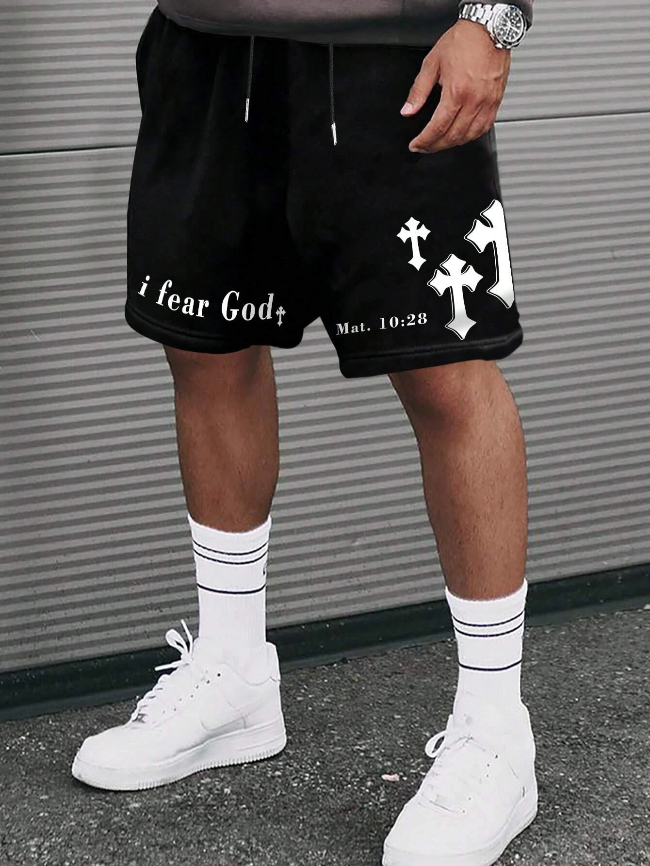 Manfinity LEGND Men\'S Cross Letter Print Drawstring Waist Shorts Men Clothing  Men Shorts Streetwear Gym Shorts Men 2022