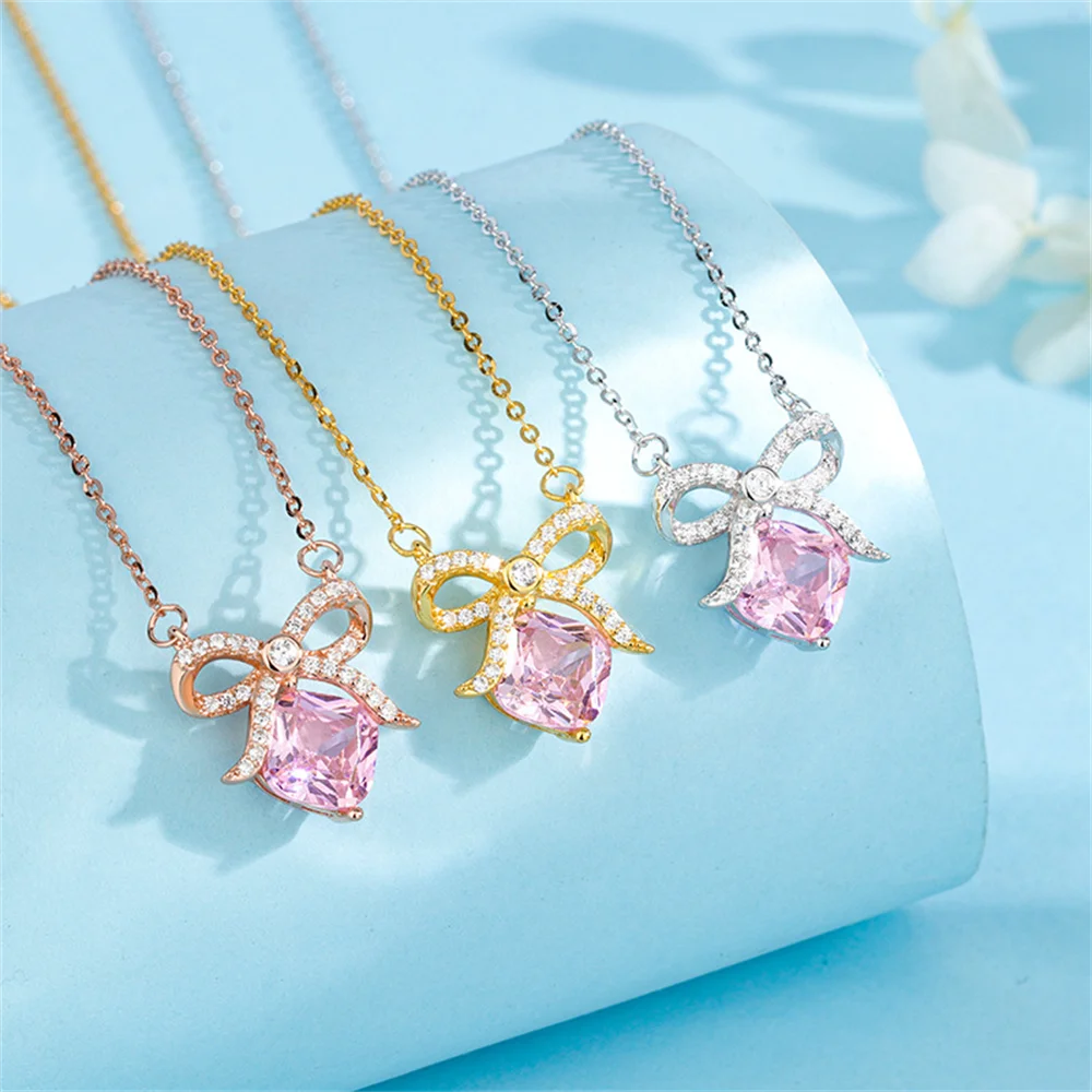 

Серебряное ожерелье S925 — квадратный розовый бант с цирконом, девчачий JP/KR, милый элегантный воротник