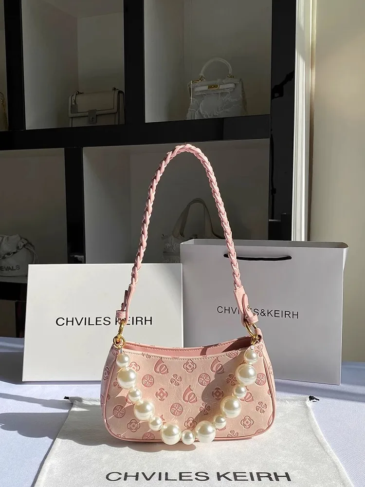 Delicate Beading Decoration and Beautiful Flower Printing Half Moon Bag with 2024 Fashion Twine Braided Hand Handbag for Party