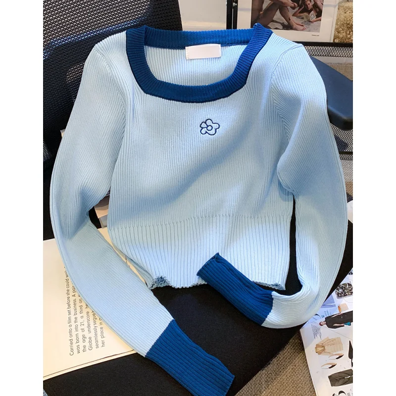 

Blue Women's Clothing Knitting Sweater Cashmere Square Neck Long Sleeves Vintage Casual Fashion Baggy Ladies 2024 Spring Tops