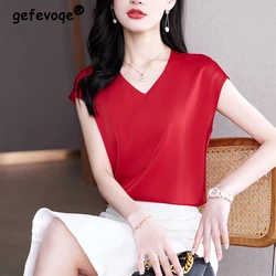 Women Clothing Summer Fashion Vintage Elegant Satin Basic T-shirt Female Minimalist Casual Solid V Neck Short Sleeve Loose Tops