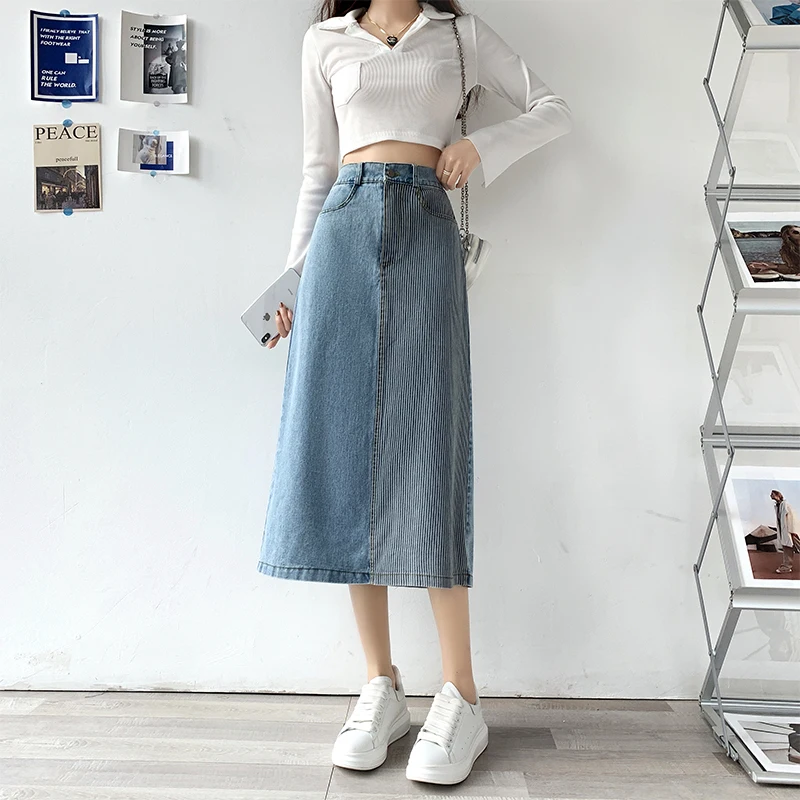 Spring Summer 2024 Denim Skirts For Women High Elastic Waist Striped A Line Long Skirt Back Slit Streetwear Jean Skirts Hot Sale