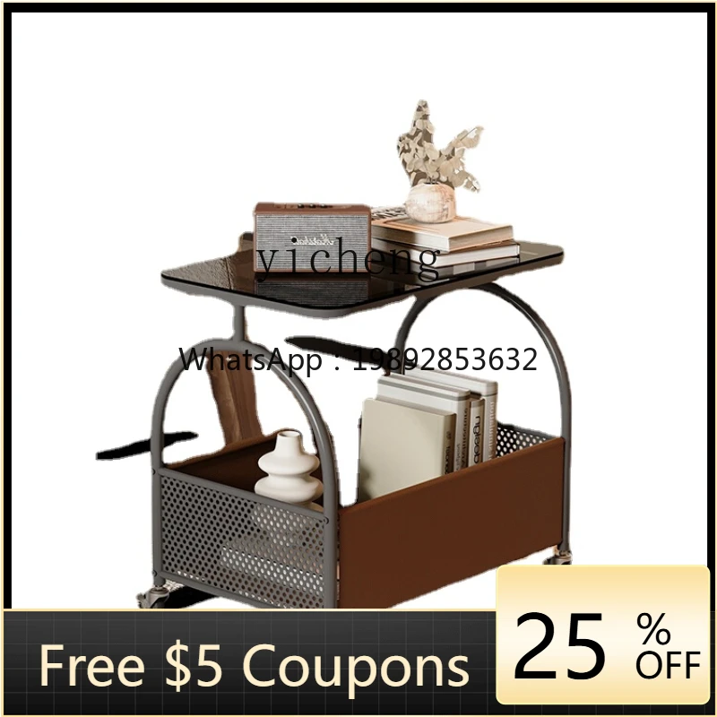 

ZZZk Removable Living Room Sofa Storage Glass Side Table Simple with Wheels Trolley